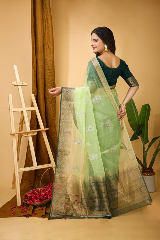 Kanchipuram Organza Jacquard Sequins Saree – Pastel Green Elegance