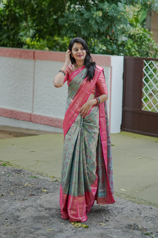 Elegant Soft Silk Saree – Green Body & Rani Pink Pallu