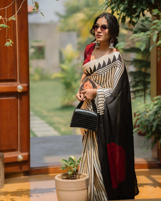 Elegant Cream & Black Stripe Saree with Red Designer Pallu – Premium Soft Silk