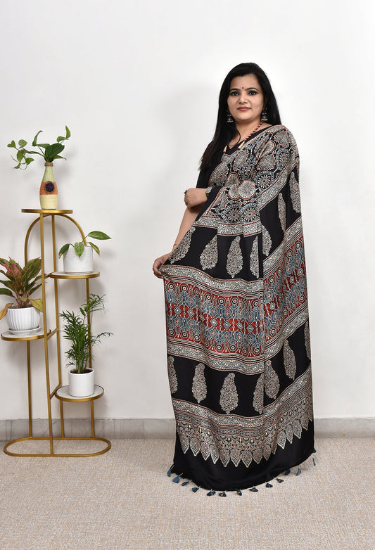 Premium Black Soft Silk Saree with Ajrakh Motifs & Designer Border