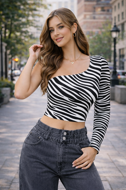 Zebra Print One Shoulder Crop Top for Women