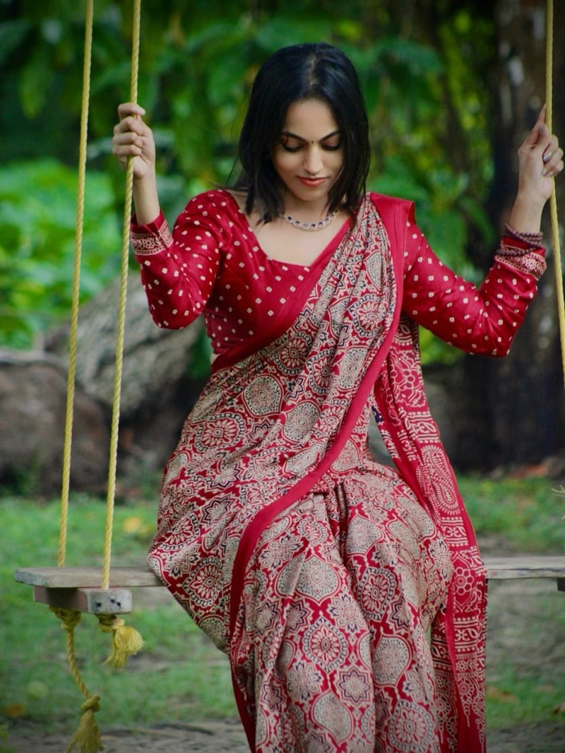 Royal Maroon Ajrakh Digital Print Saree