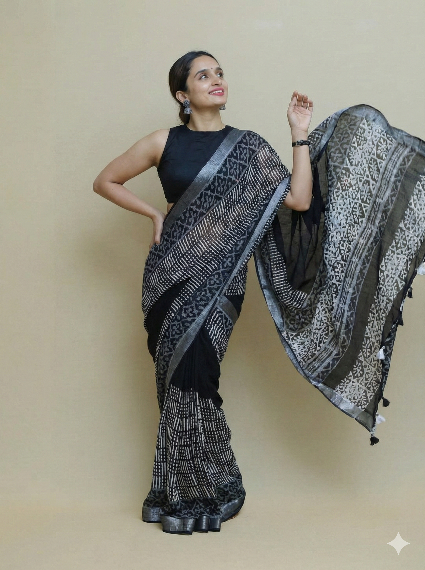 Royal Black Ajrakh Printed Saree
