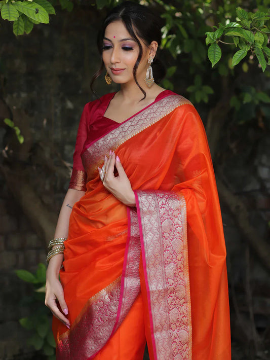Orange Kanjivaram Organza Silk Saree with Pink Golden Zari Border
