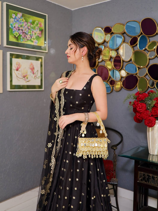 Silk Kali Cut Sequins Embroidered Anarkali Set with Pant & Net Dupatta