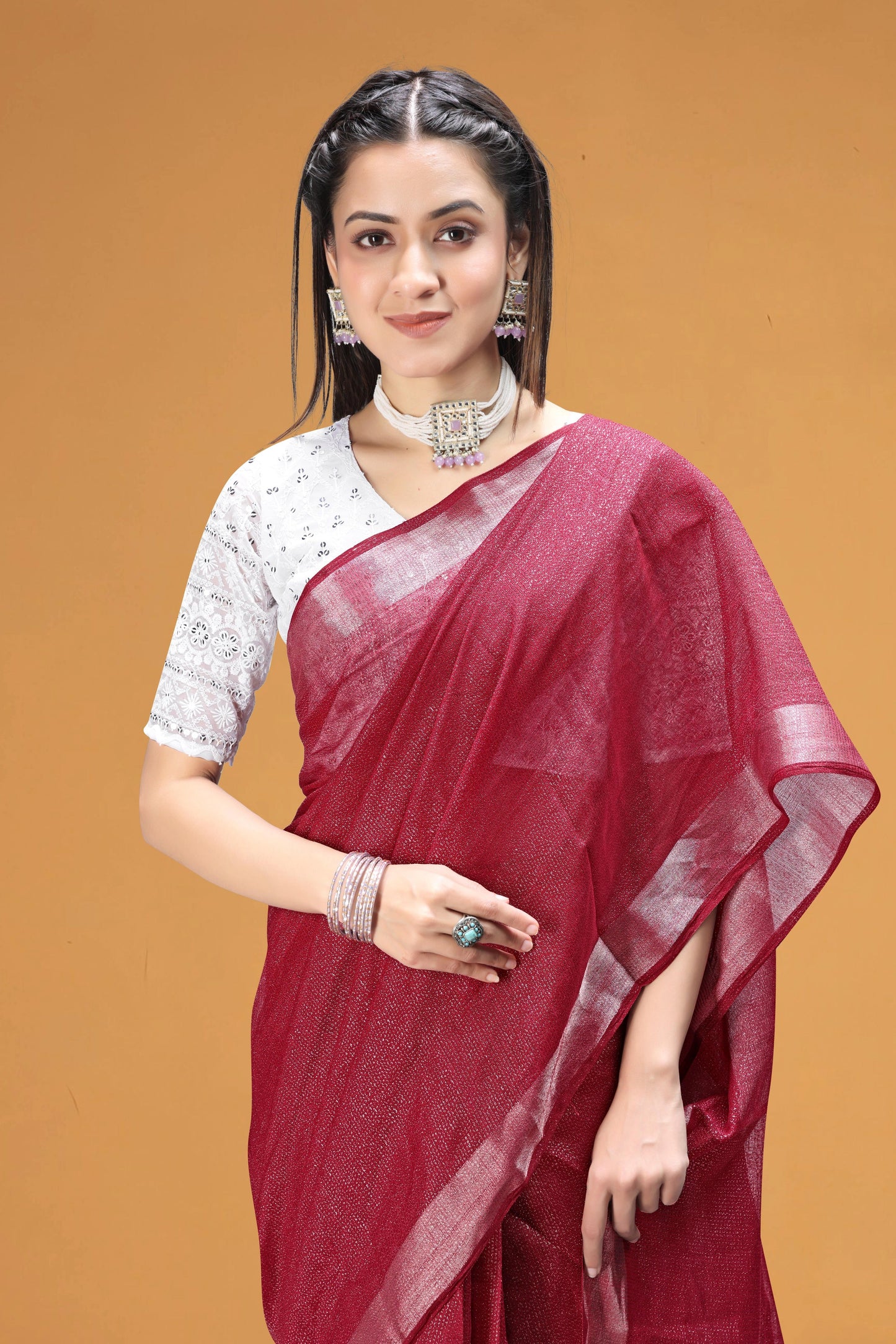 Royal Wine Shimmer Linen Saree