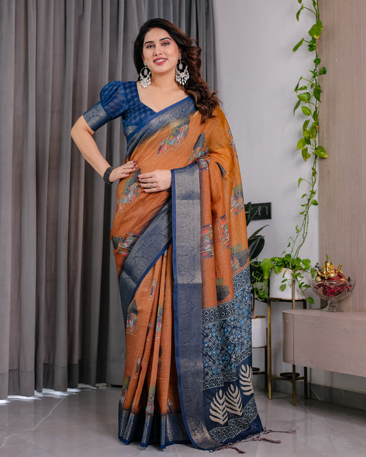 Royal Blue Border Ethnic Printed Saree
