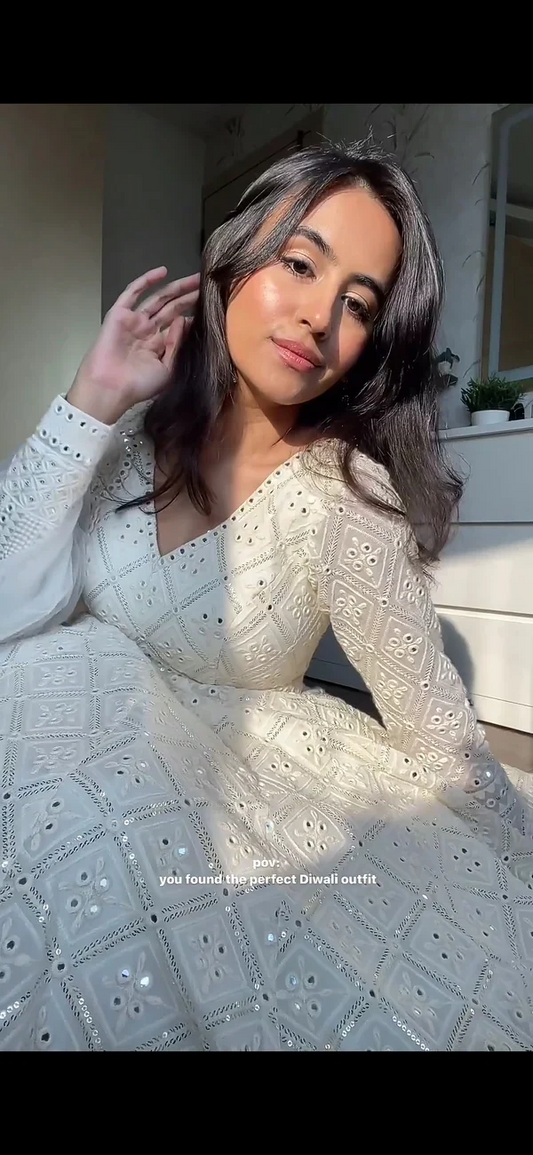 White Designer Lakhnavi Embroidered Work Anarkali Suit Set