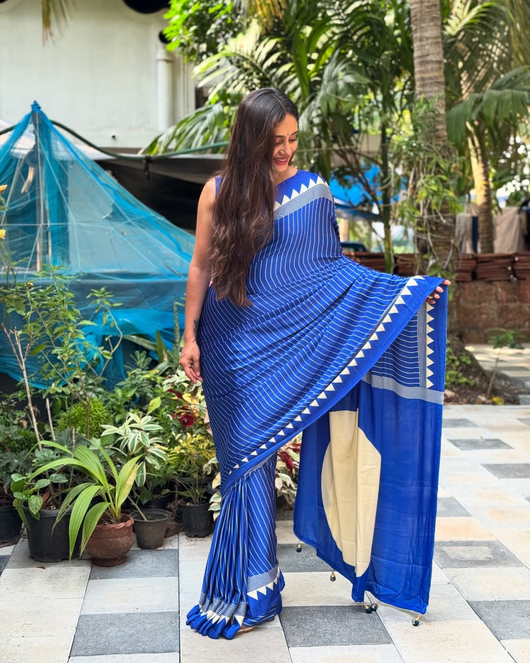 Royal Blue Striped Saree with Geometric Border – Elegant Ethnic Wear