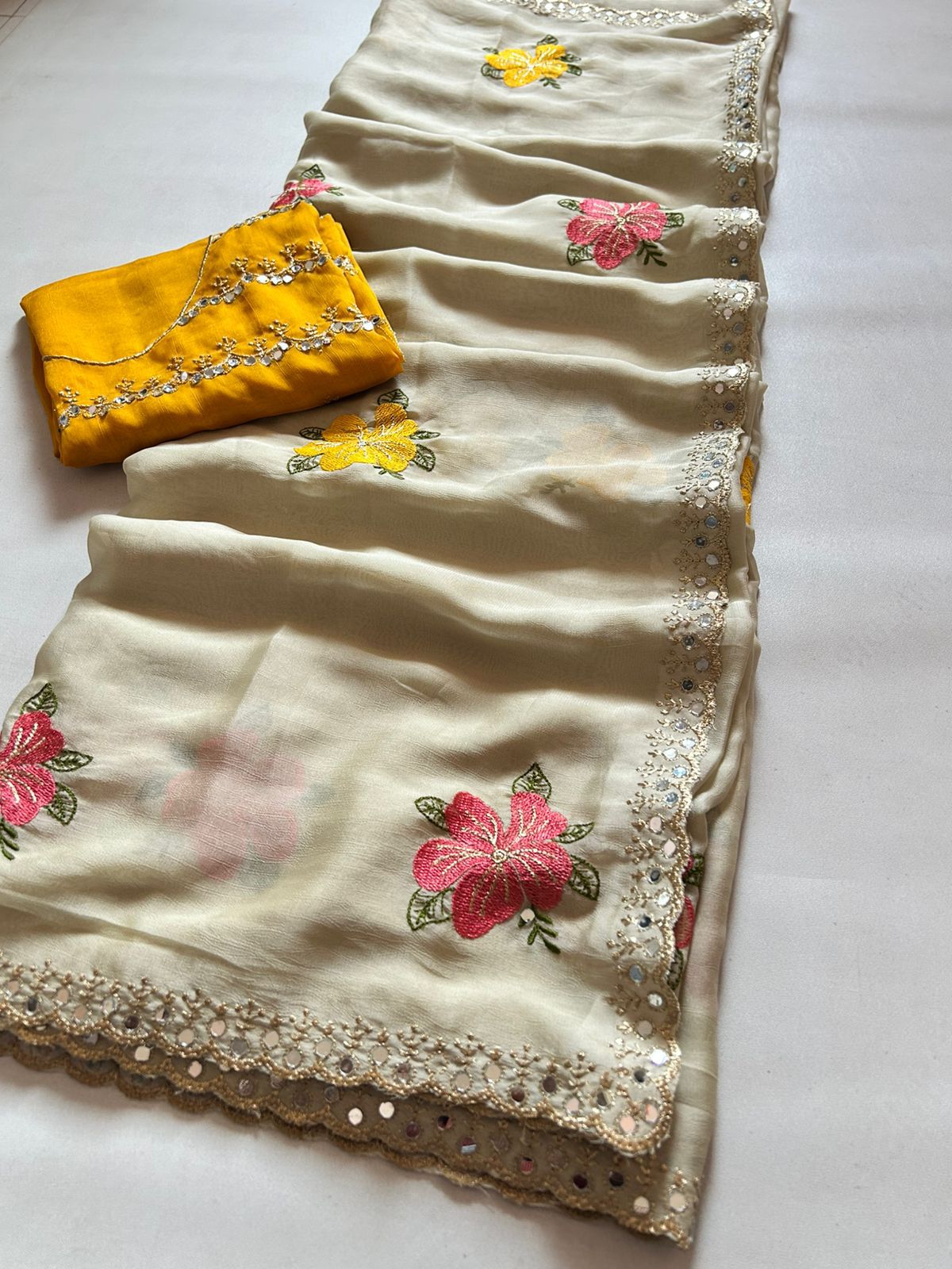 Rangoli Floral Embroidered Saree with Mirror Work Border & Mustard Designer Blouse