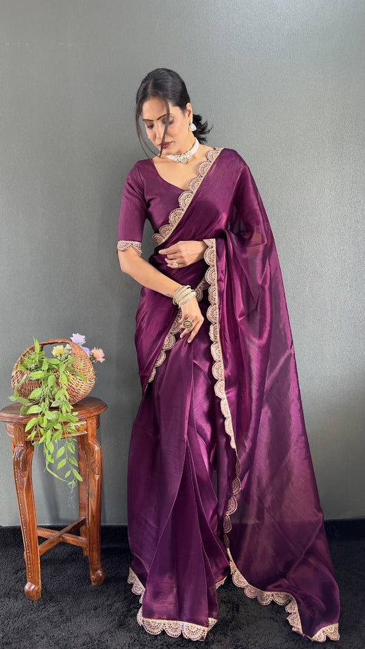 Elegant Plum Wine Silk Saree with Designer Lace Border
