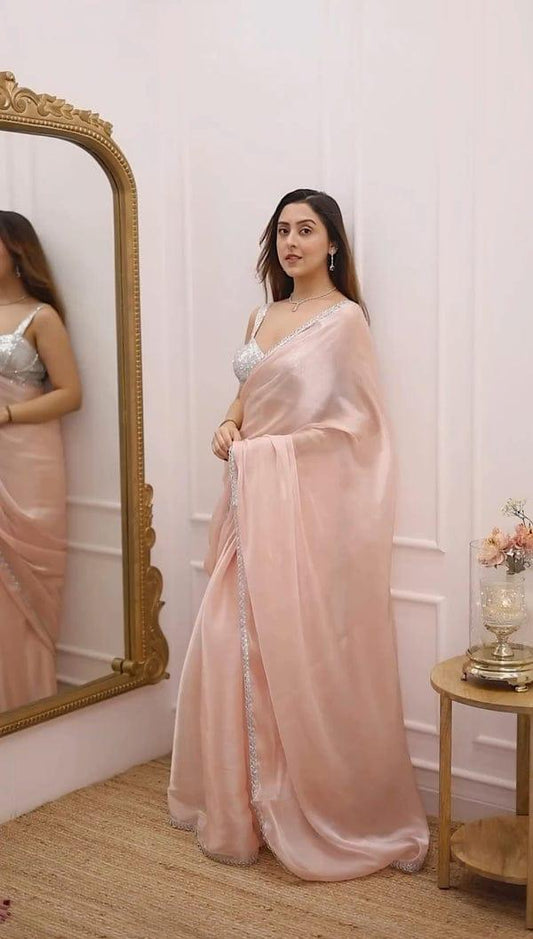Pastel Peach Organza Saree with Silver Lace Border