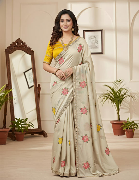 Rangoli Floral Embroidered Saree with Mirror Work Border & Mustard Designer Blouse