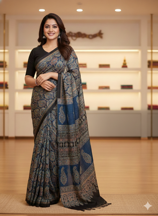 Premium Navy Blue Ajrakh Soft Silk Saree with Rich Designer Pallu