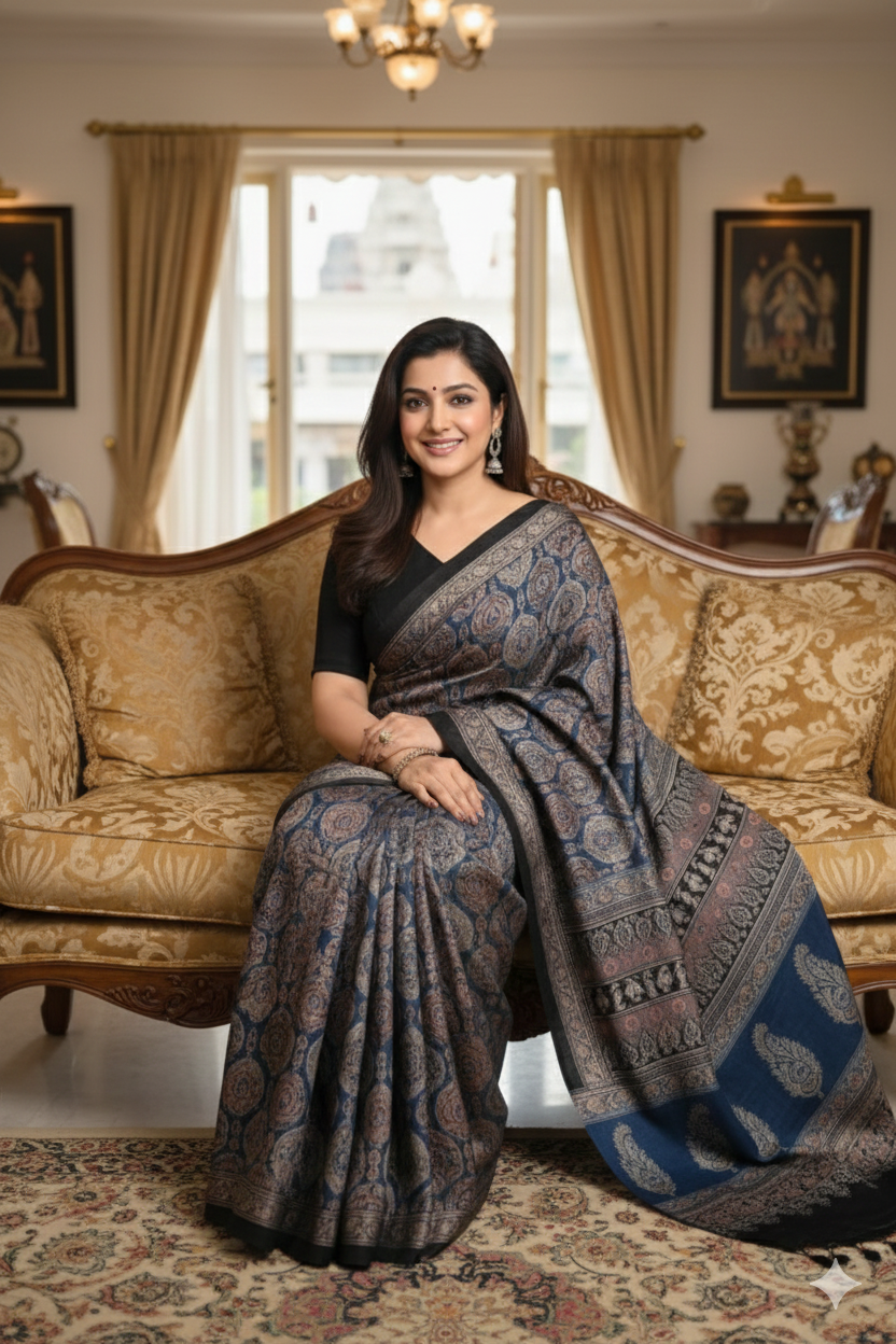 Premium Navy Blue Ajrakh Soft Silk Saree with Rich Designer Pallu