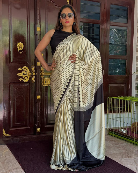 Black & Cream Striped Designer Saree – Premium Soft Silk Saree for Women