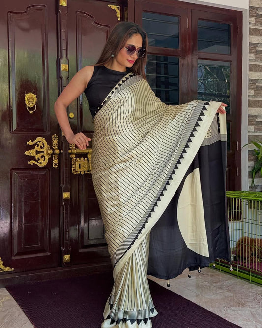 Black & Cream Striped Designer Saree – Premium Soft Silk Saree for Women