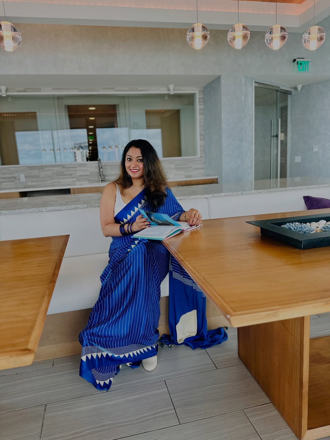 Royal Blue Striped Saree with Geometric Border – Elegant Ethnic Wear