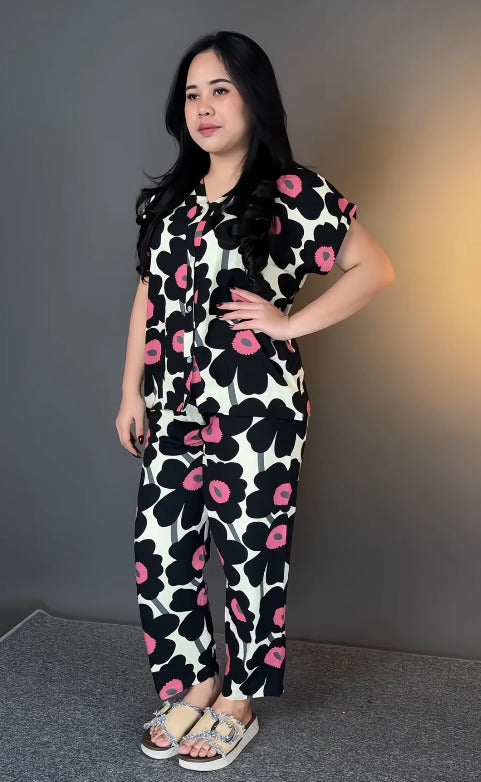 Black Printed Rayon Co-Ord Set for Wome