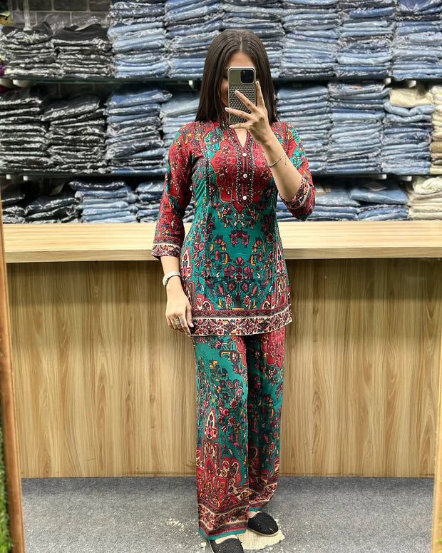 Elegant Printed Asymmetric Rayon Co-Ord Set