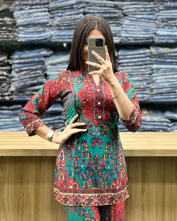 Elegant Printed Asymmetric Rayon Co-Ord Set