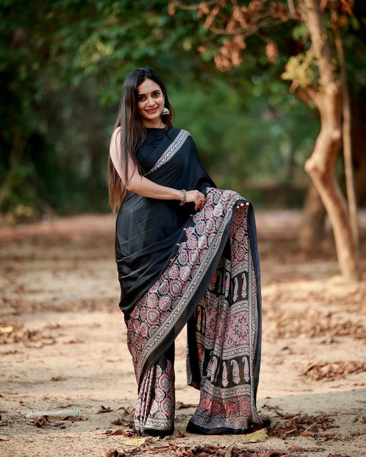 Black Ajrakh Digital Print Saree – Elegant Traditional Designer Wear
