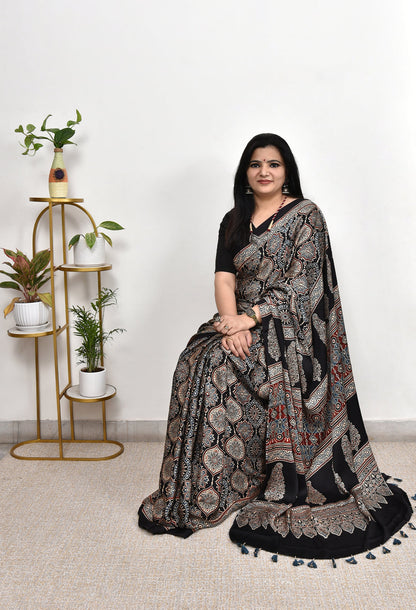 Premium Black Soft Silk Saree with Ajrakh Motifs & Designer Border