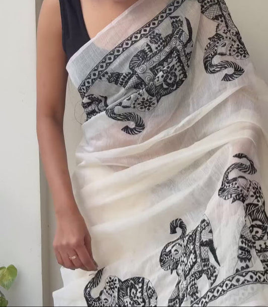 Pure White Elephant Design Cotton Linen Saree