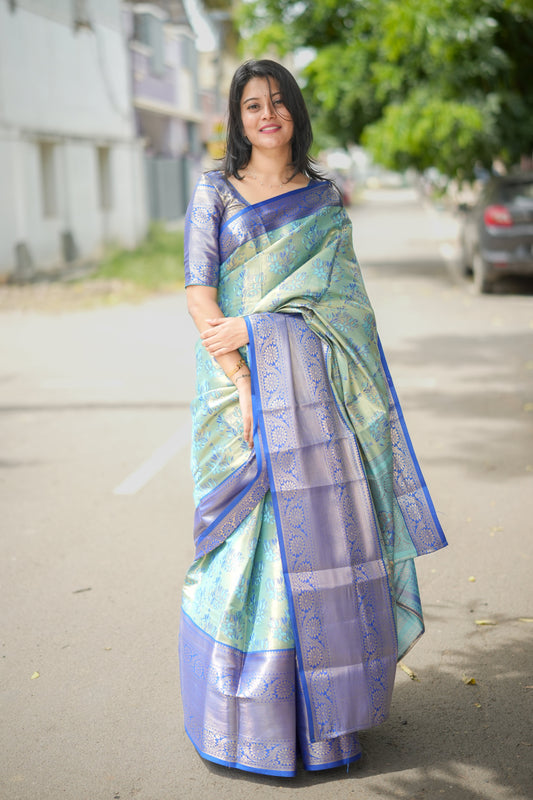 Mint Green & Royal Blue Soft Silk Saree with Zari Weave