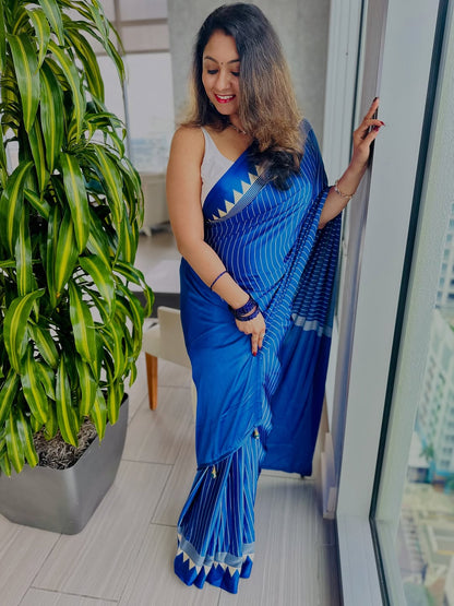 Royal Blue Striped Saree with Geometric Border – Elegant Ethnic Wear