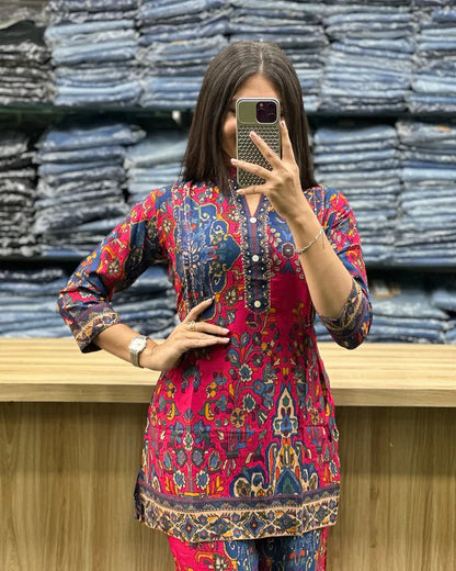 Elegant Printed Asymmetric Rayon Co-Ord Set