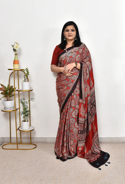 Rust Red Ajrakh Print Soft Silk Saree – Elegant Ethnic Wear for Festive & Daily Styling