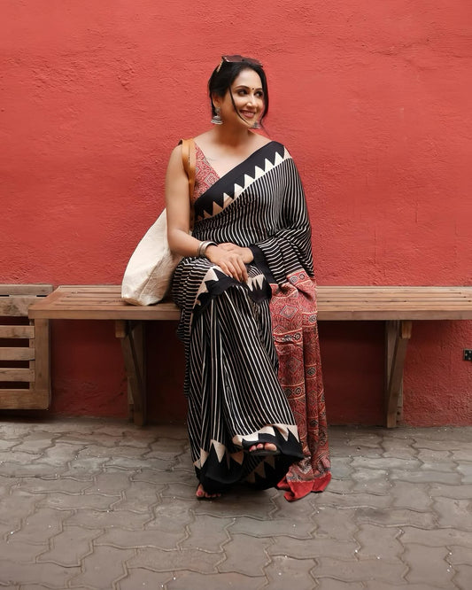 Trendy Black Striped Saree with Ajrakh Print Pallu – Festive & Party Wear