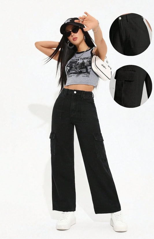 Trendy Women’s High Waist Wide Leg Cargo Denim Jeans with Stretch Comfort Fit