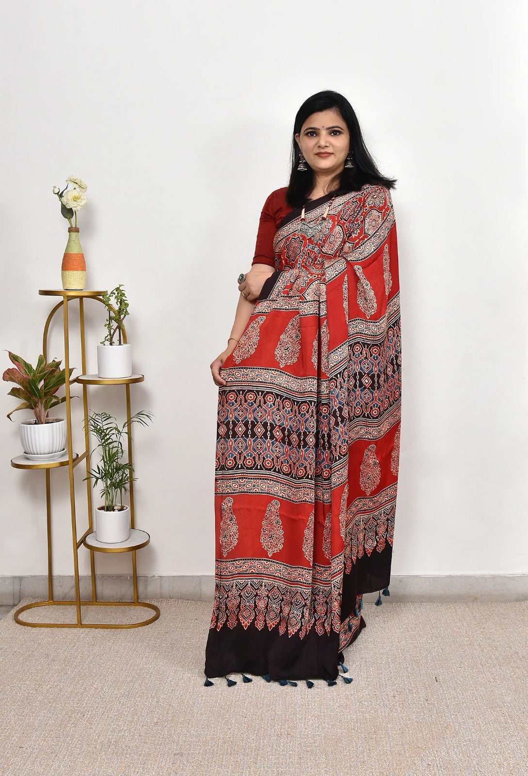 Rust Red Ajrakh Print Soft Silk Saree – Elegant Ethnic Wear for Festive & Daily Styling