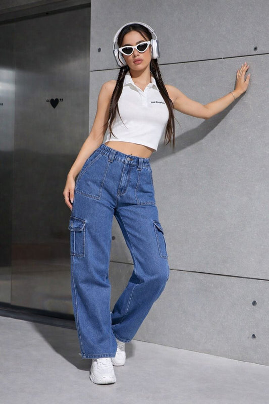 Trendy Women’s High Waist Wide Leg Cargo Denim Jeans with Stretch Comfort Fit