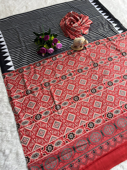 Trendy Black Striped Saree with Ajrakh Print Pallu – Festive & Party Wear