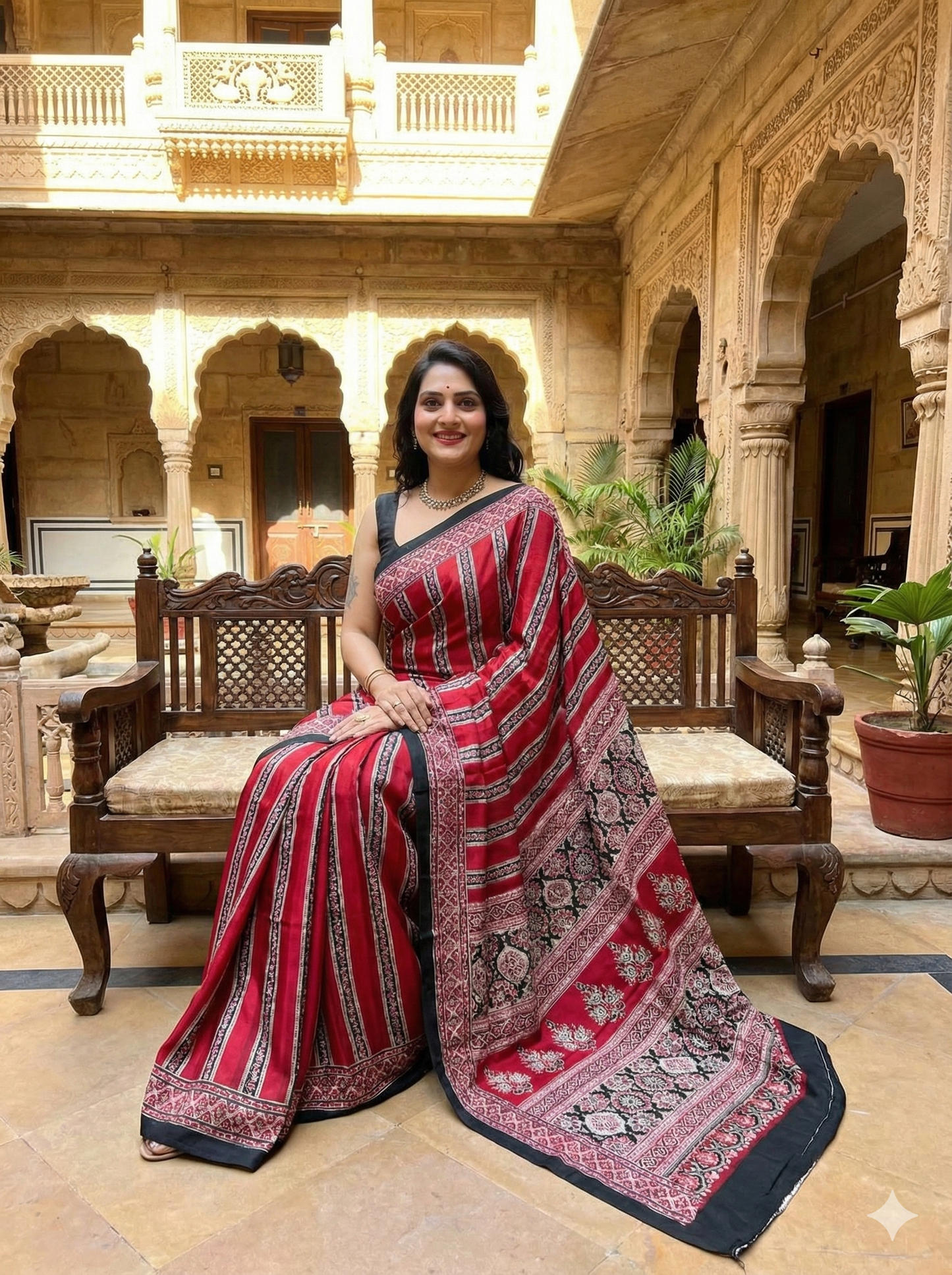 Red Ajrakh Digital Printed Saree – Traditional Ethnic Wear by Ashwara Creations