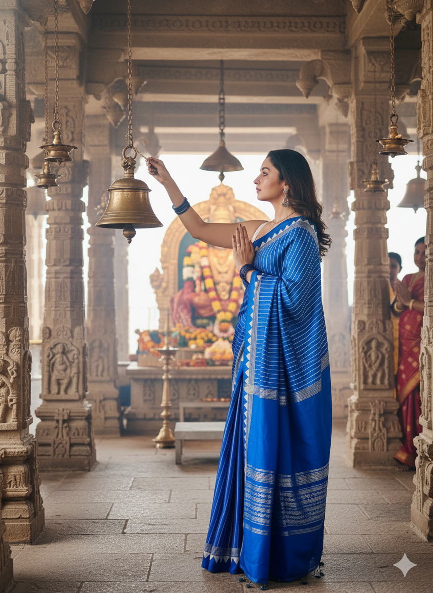 Royal Blue Striped Saree with Geometric Border – Elegant Ethnic Wear