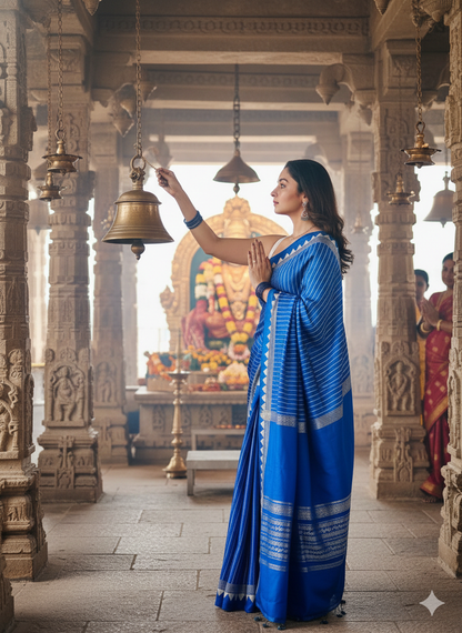 Royal Blue Striped Saree with Geometric Border – Elegant Ethnic Wear