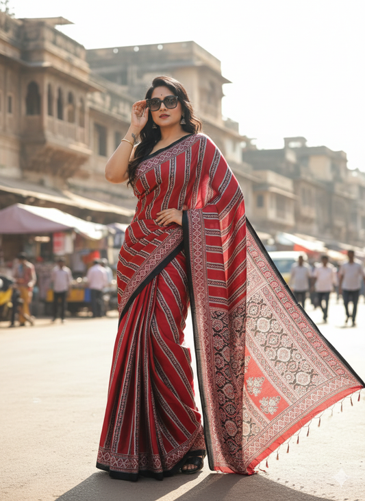 Red Ajrakh Digital Printed Saree – Traditional Ethnic Wear by Ashwara Creations