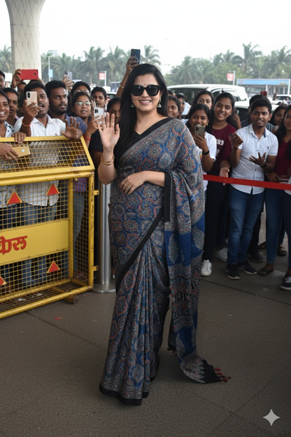 Premium Navy Blue Ajrakh Soft Silk Saree with Rich Designer Pallu