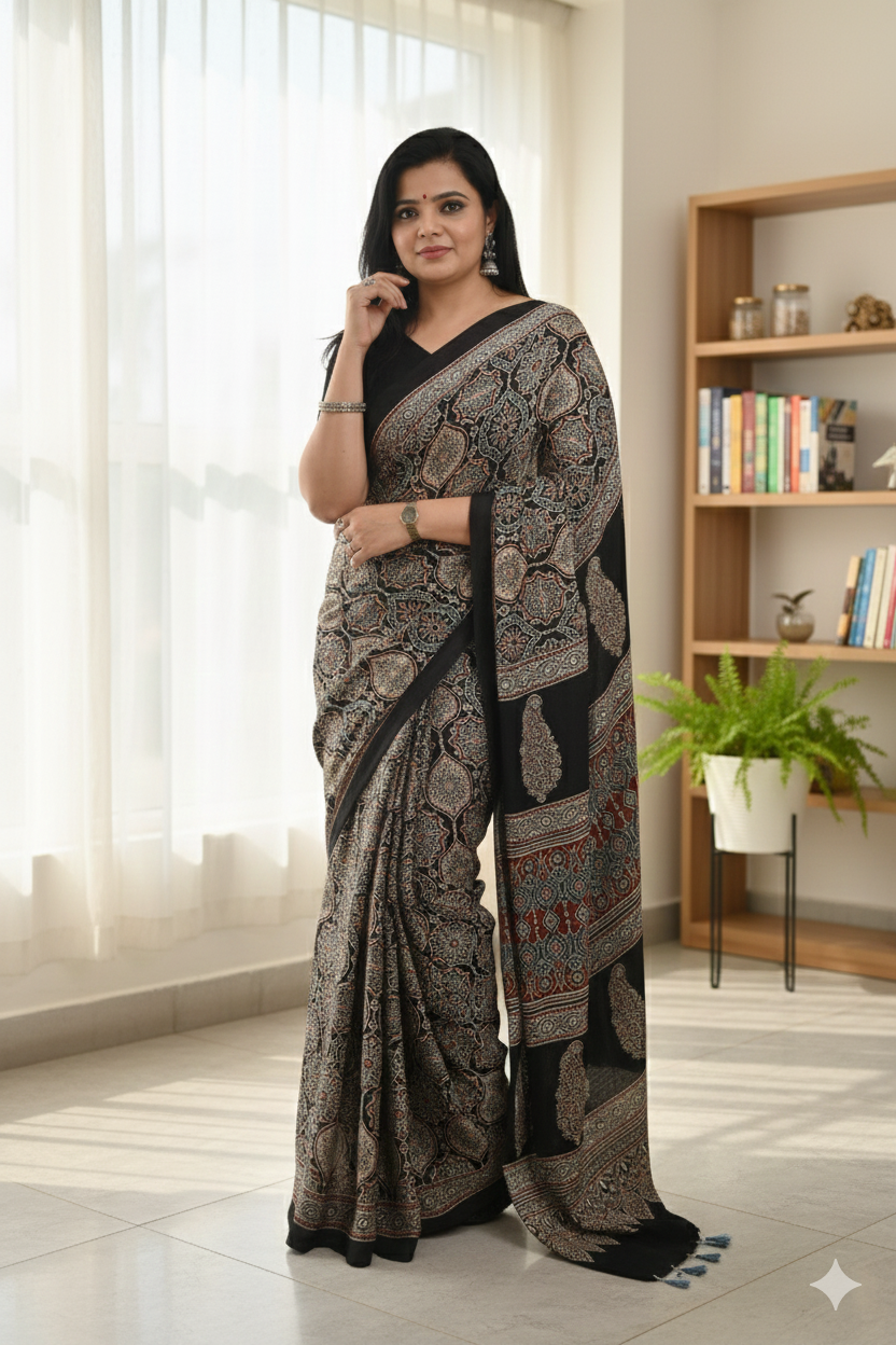 Premium Black Soft Silk Saree with Ajrakh Motifs & Designer Border