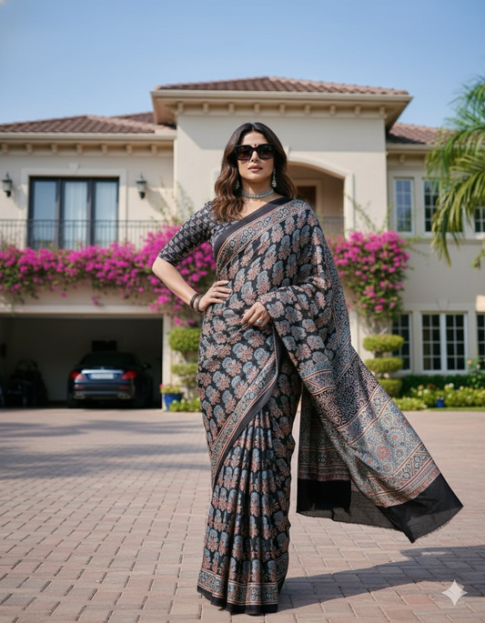 Premium Black Ajrakh Print Soft Silk Saree with Designer Border & Pallu