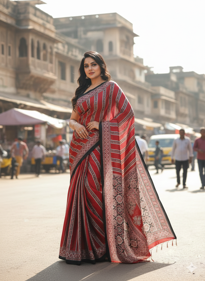 Red Ajrakh Digital Printed Saree – Traditional Ethnic Wear by Ashwara Creations