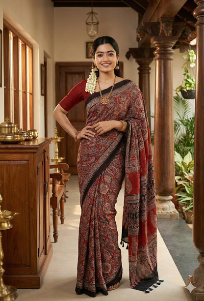 Rust Red Ajrakh Print Soft Silk Saree – Elegant Ethnic Wear for Festive & Daily Styling