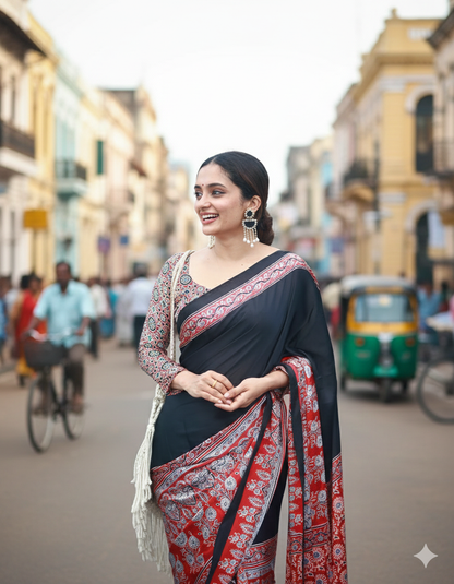 Premium Black Ajrakh Saree with Red Printed Border & Rich Pallu
