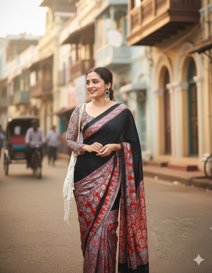 Premium Black Ajrakh Saree with Red Printed Border & Rich Pallu