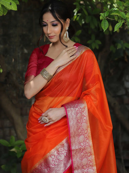 Orange Kanjivaram Organza Silk Saree with Pink Golden Zari Border