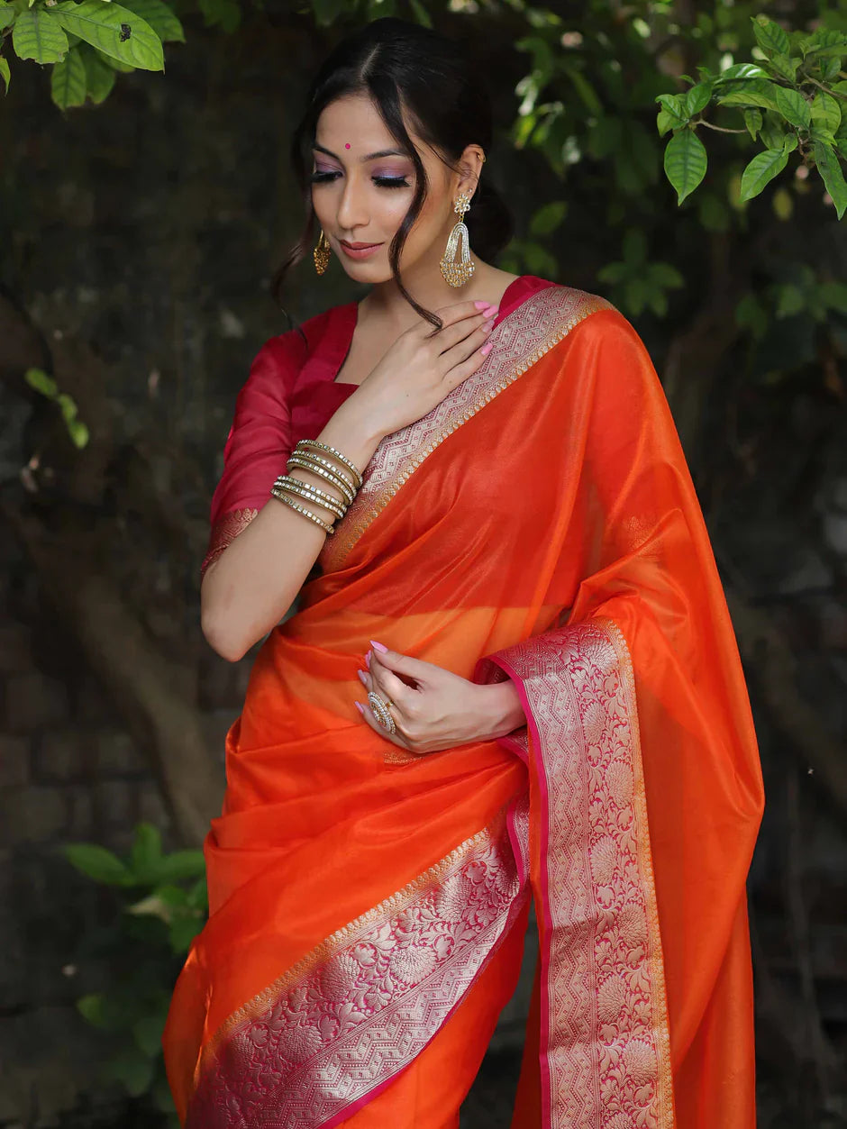 Orange Kanjivaram Organza Silk Saree with Pink Golden Zari Border